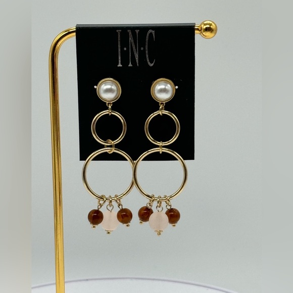 INC Boho Tri-Circle Drop Earrings with Faux Pearl & Dangling Stones on Gold Tone - Picture 2 of 10